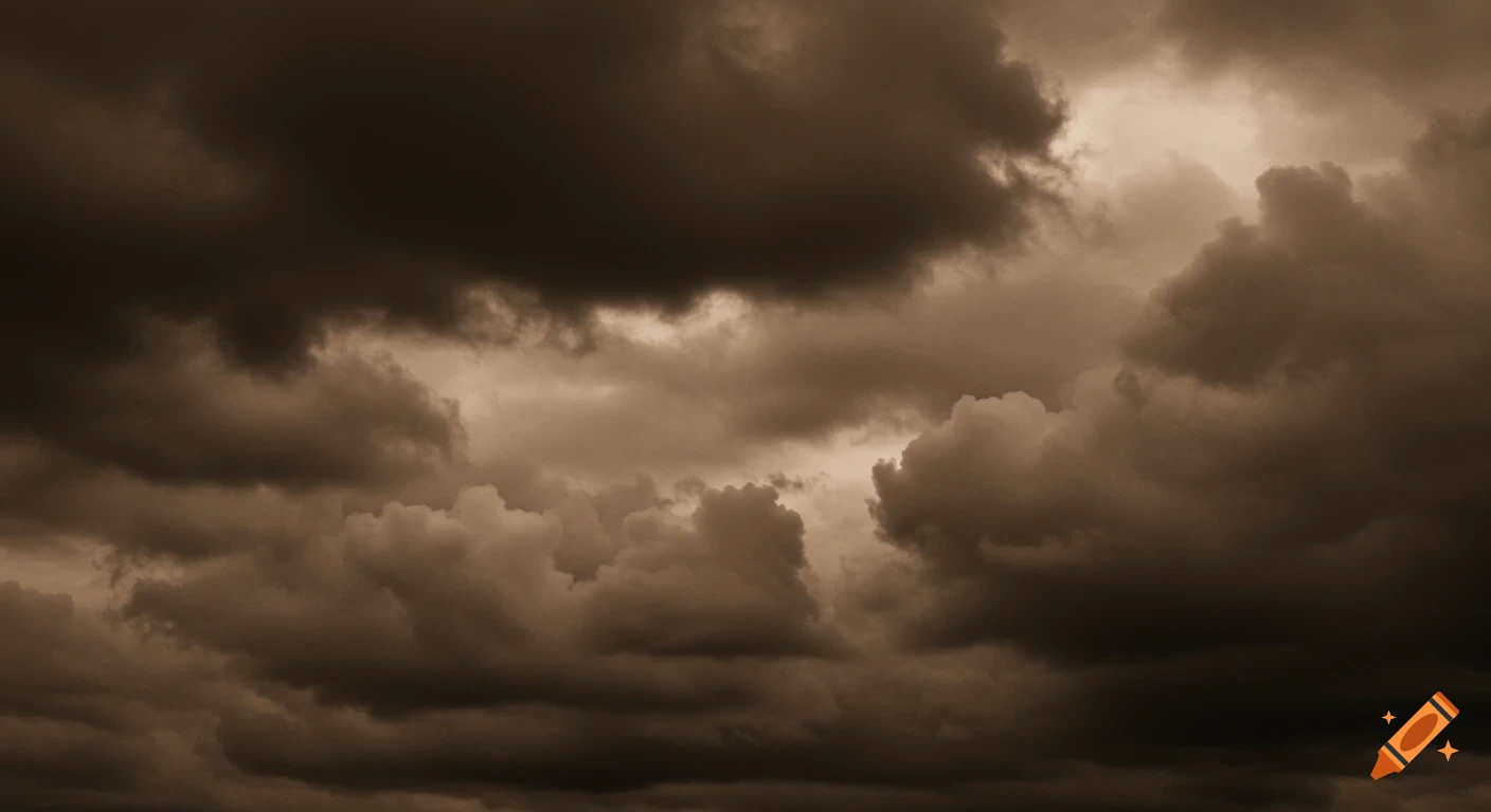 Dark, gloomy clouds fill a sepia-toned sky.
