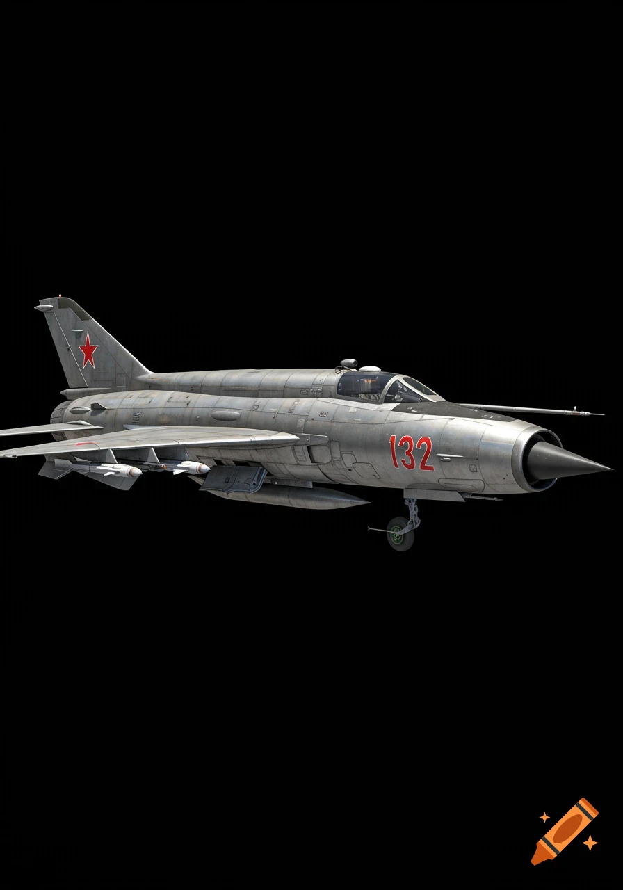 A gray MIG-21 fighter jet with a red star and the number 132 on its nose, against a black background.