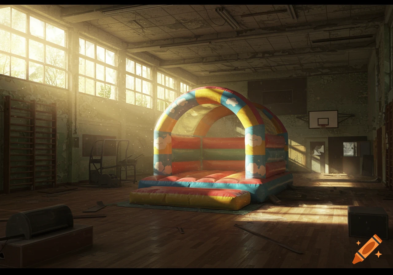 A colorful bouncy castle sits in the middle of an abandoned school gymnasium with sunlight streaming through tall windows.