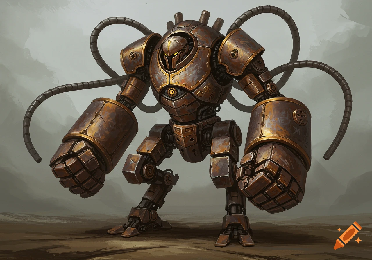 A large, rusty steampunk robot with massive fists and back tendrils.