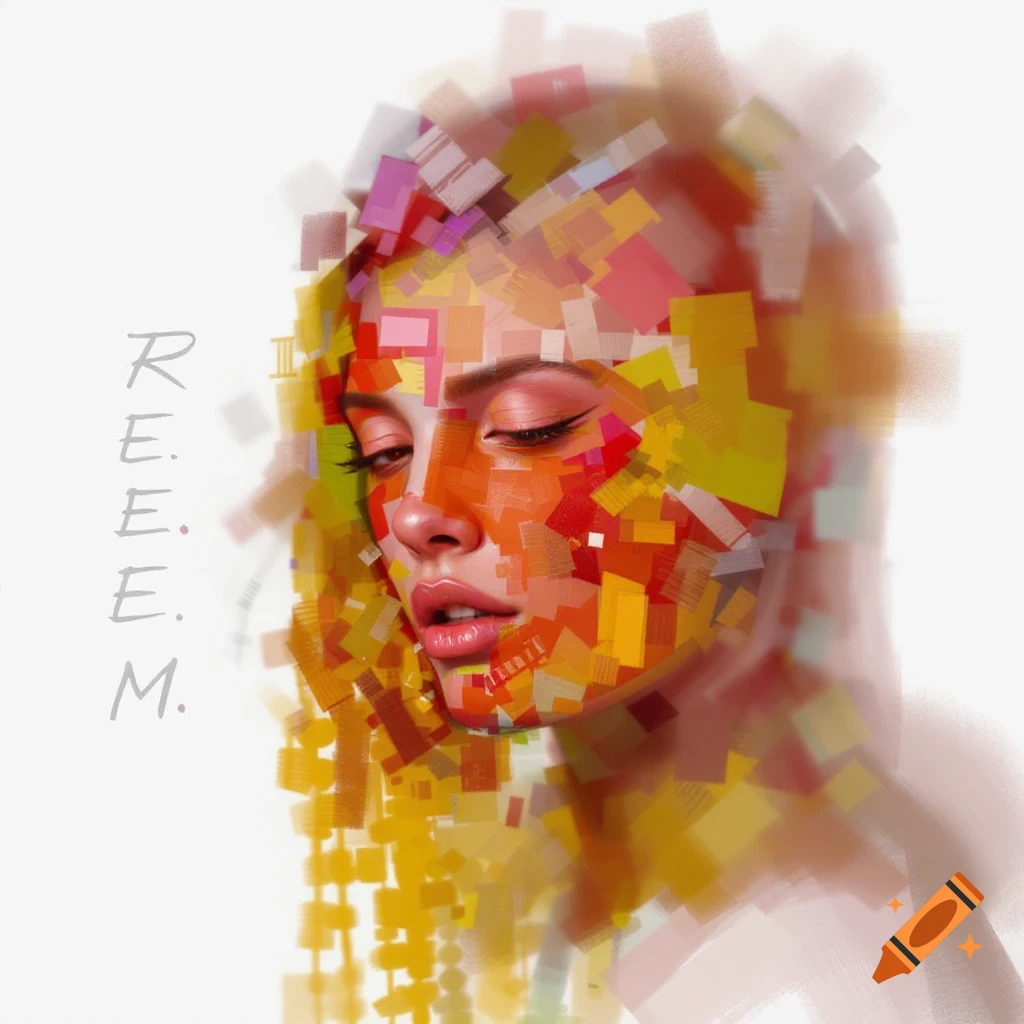 Portrait of a woman covered in colorful abstract shapes, with 'R.E.E.M.' text on the side.