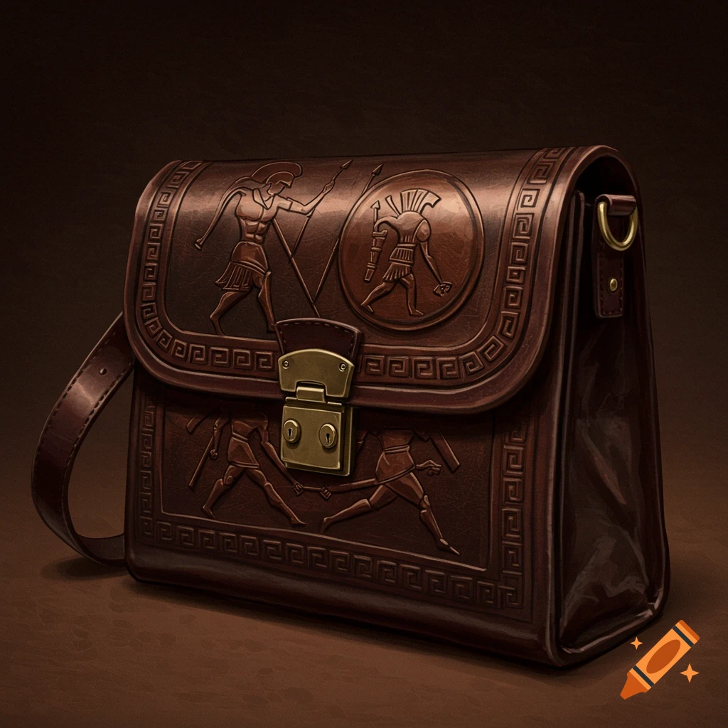 Brown leather handbag embossed with figures of Ancient Greek warriors and a meander pattern.