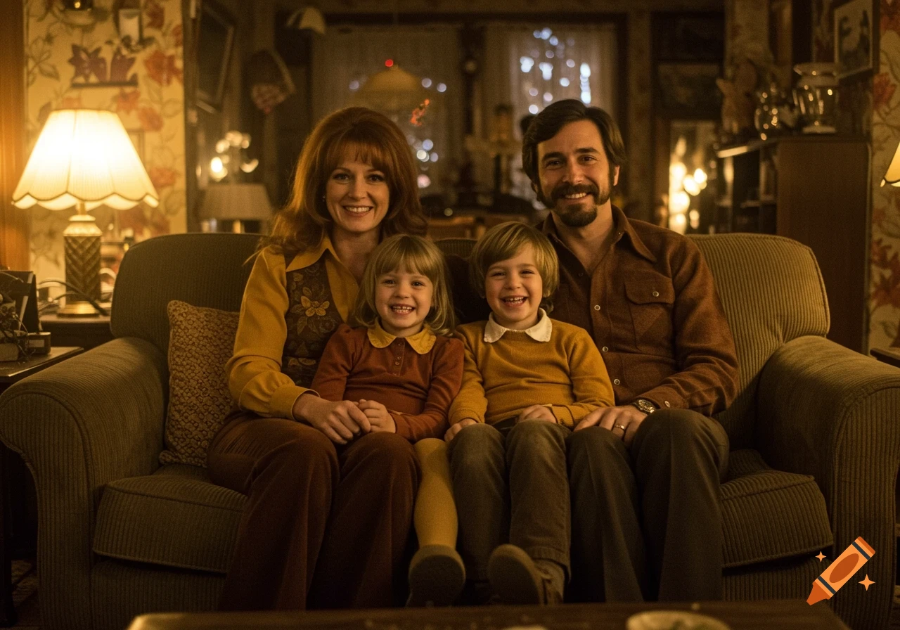 A family portrait showing a mother, father, and two young children smiling on a couch in a vintage 1970s living room.