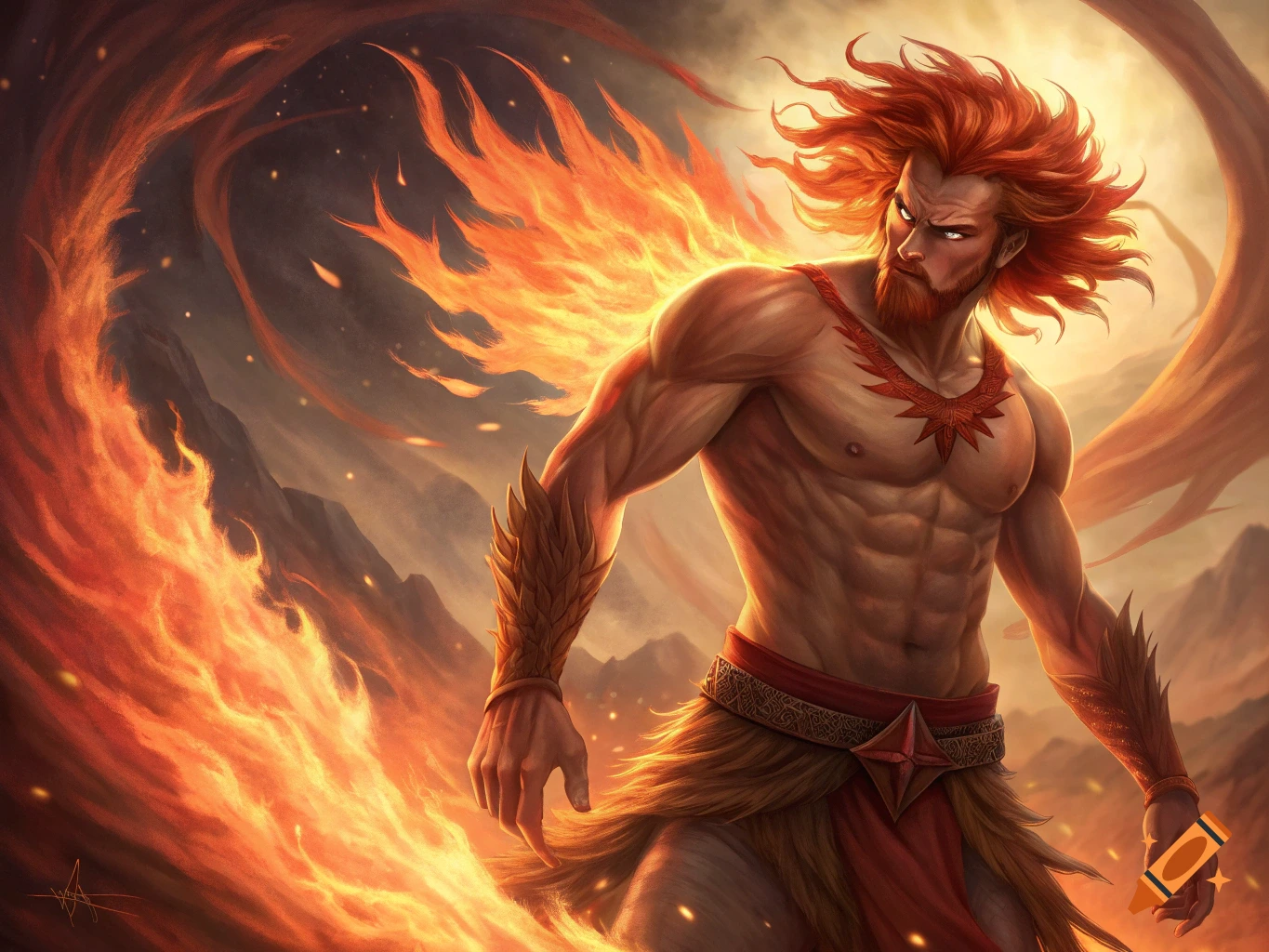 A muscular man with red fiery hair and beard stands with fire swirling around him in a mountainous landscape.