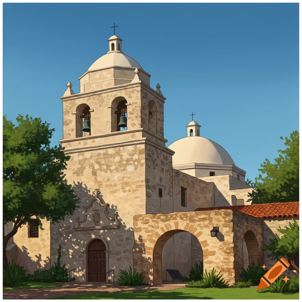 A Spanish mission building with a bell tower and arches.