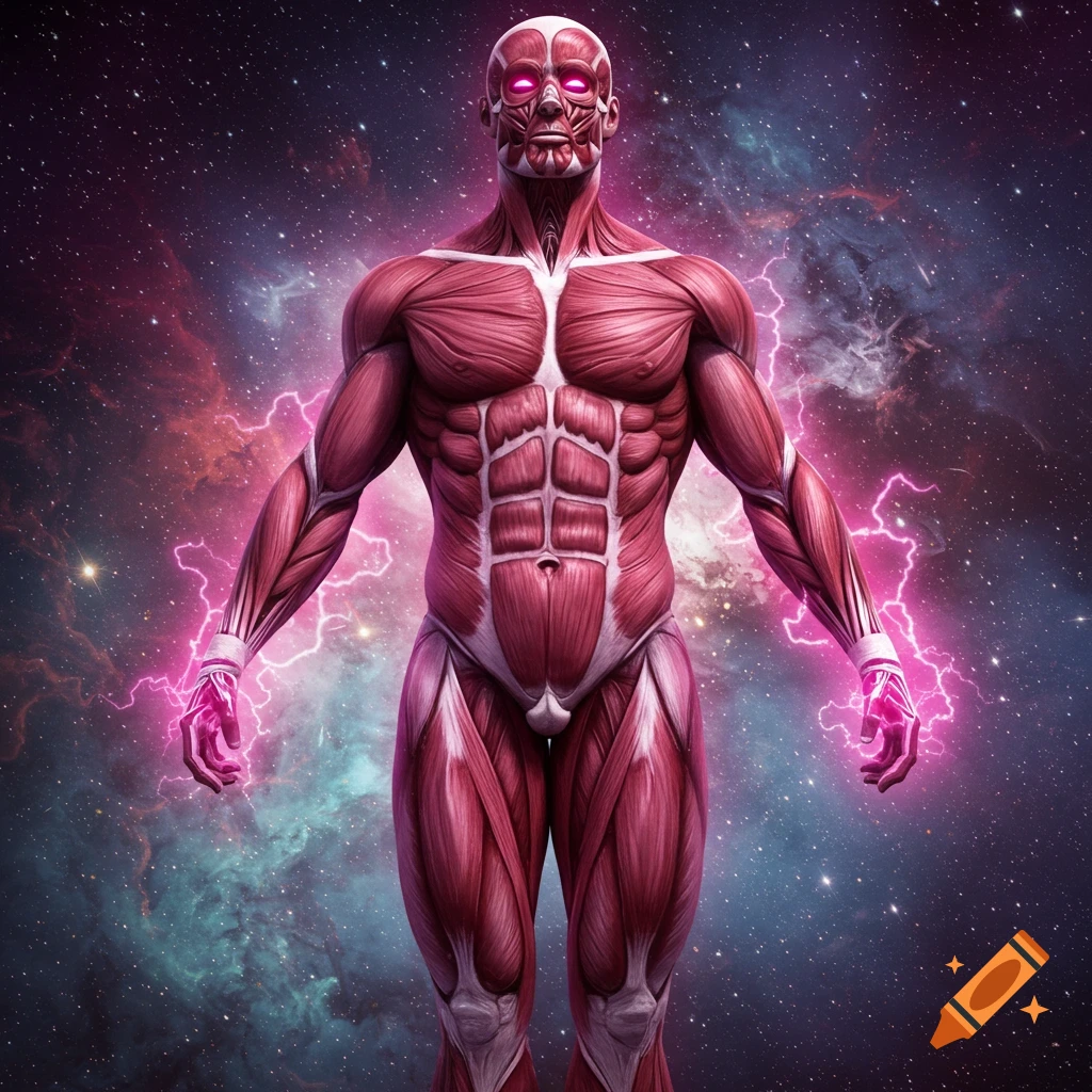 Muscular anatomical figure with glowing pink energy, standing in a cosmic background with nebulas and lightning.