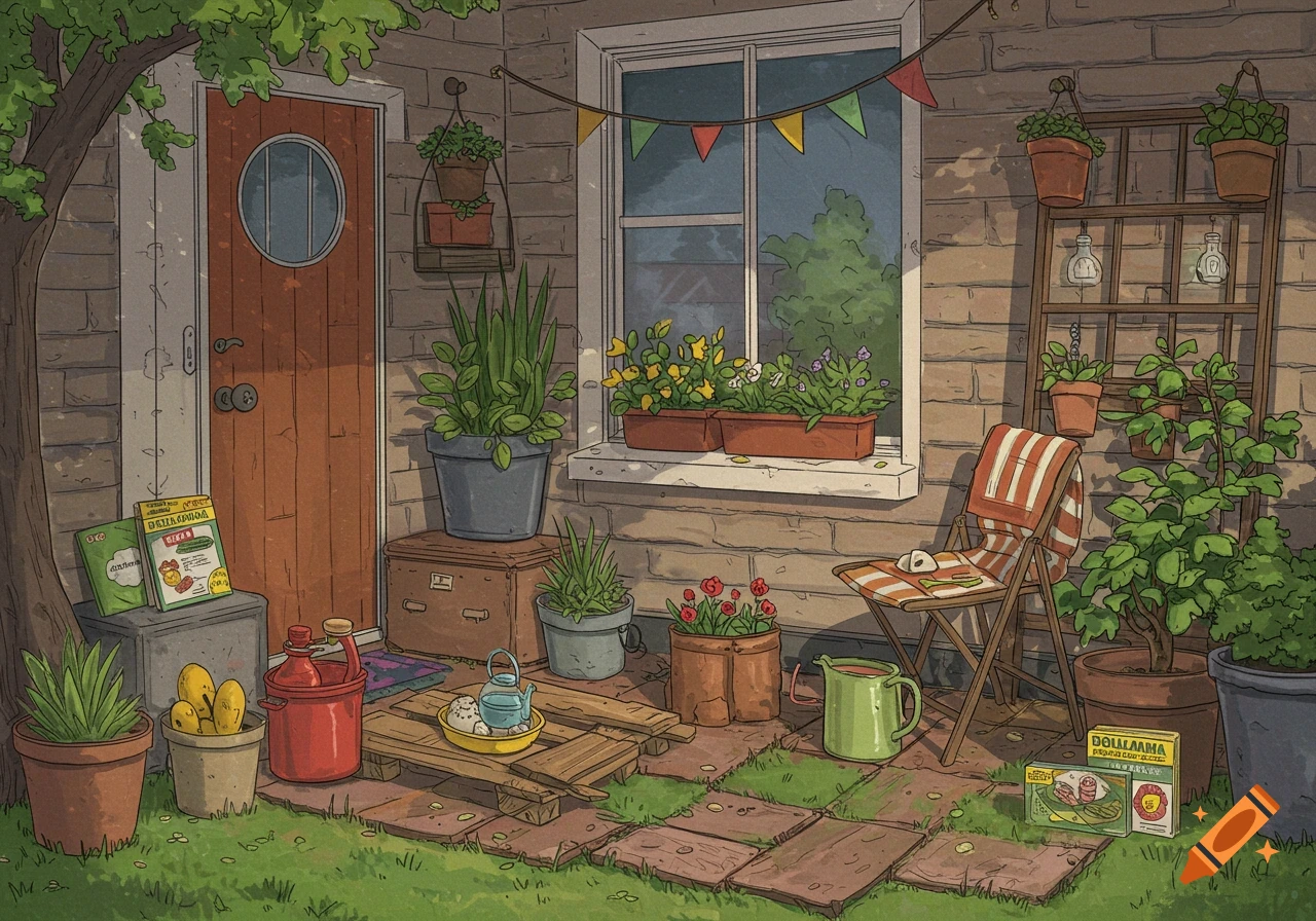 A cozy garden patio with plants, a chair, and garden items.