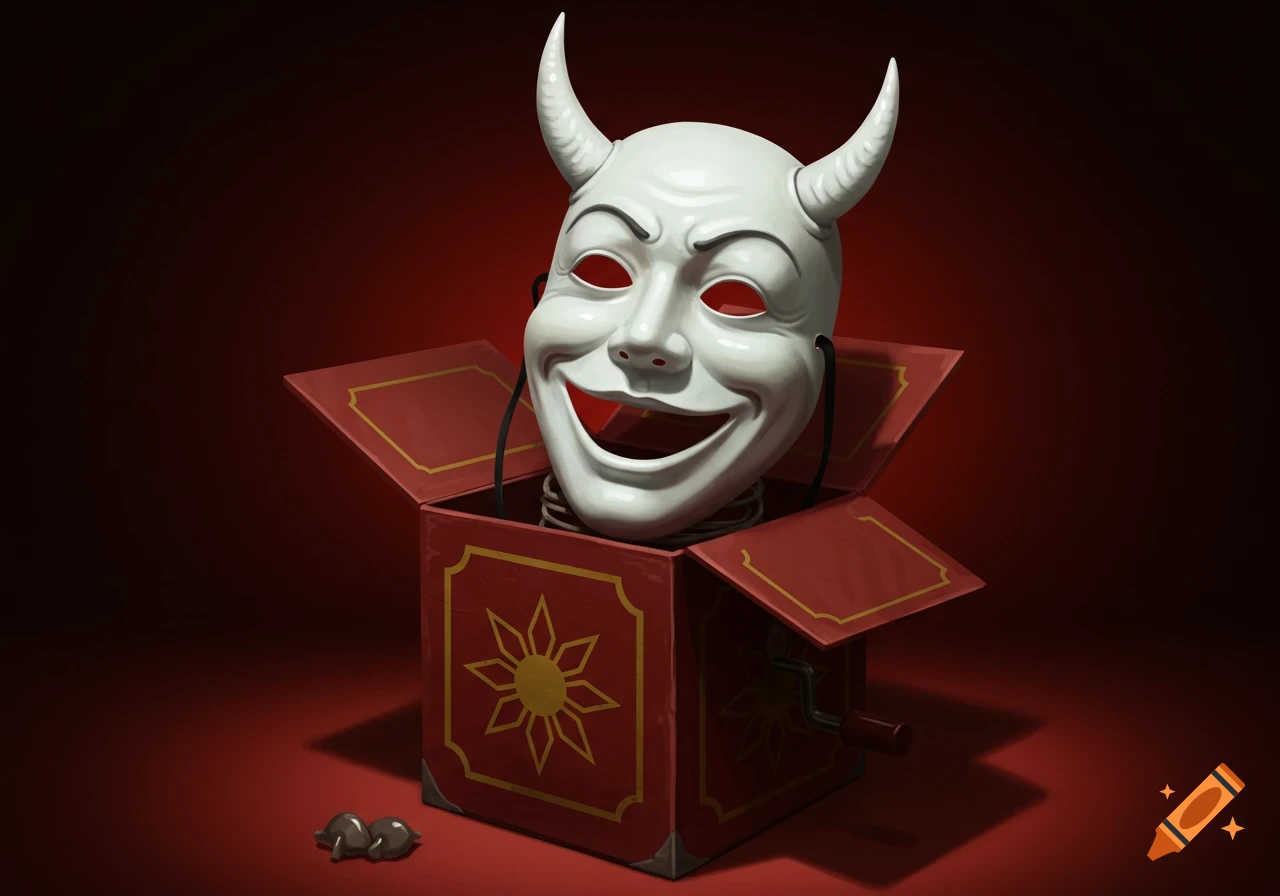 A white devil mask with red eyes and horns popping out of a red jack-in-the-box.