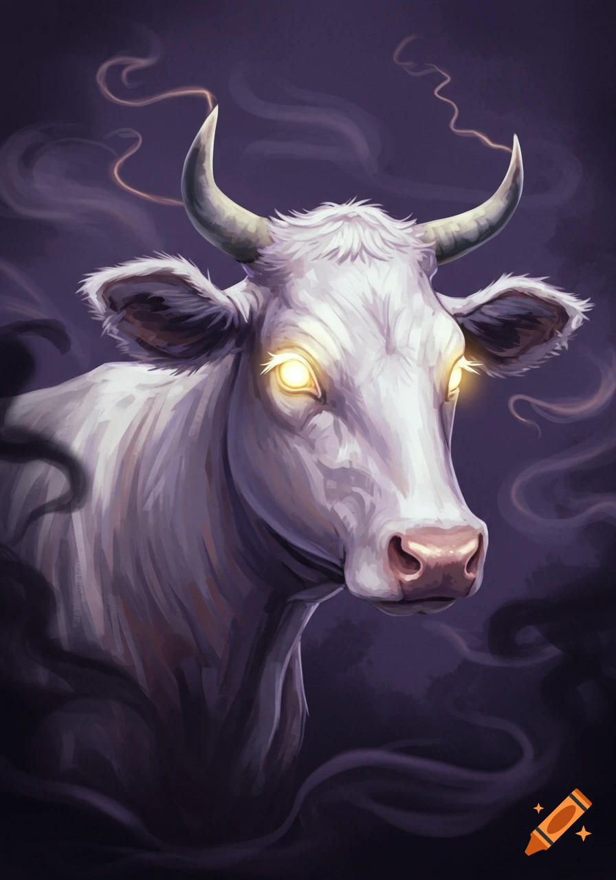 A white cow with glowing eyes is surrounded by dark smoke.