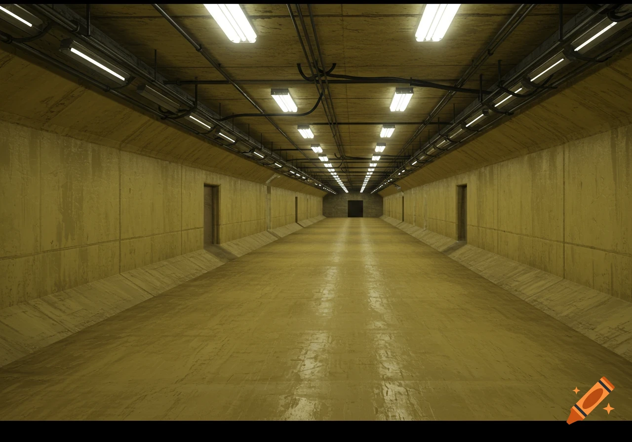 A long, empty concrete corridor with fluorescent lights, resembling the Backrooms.