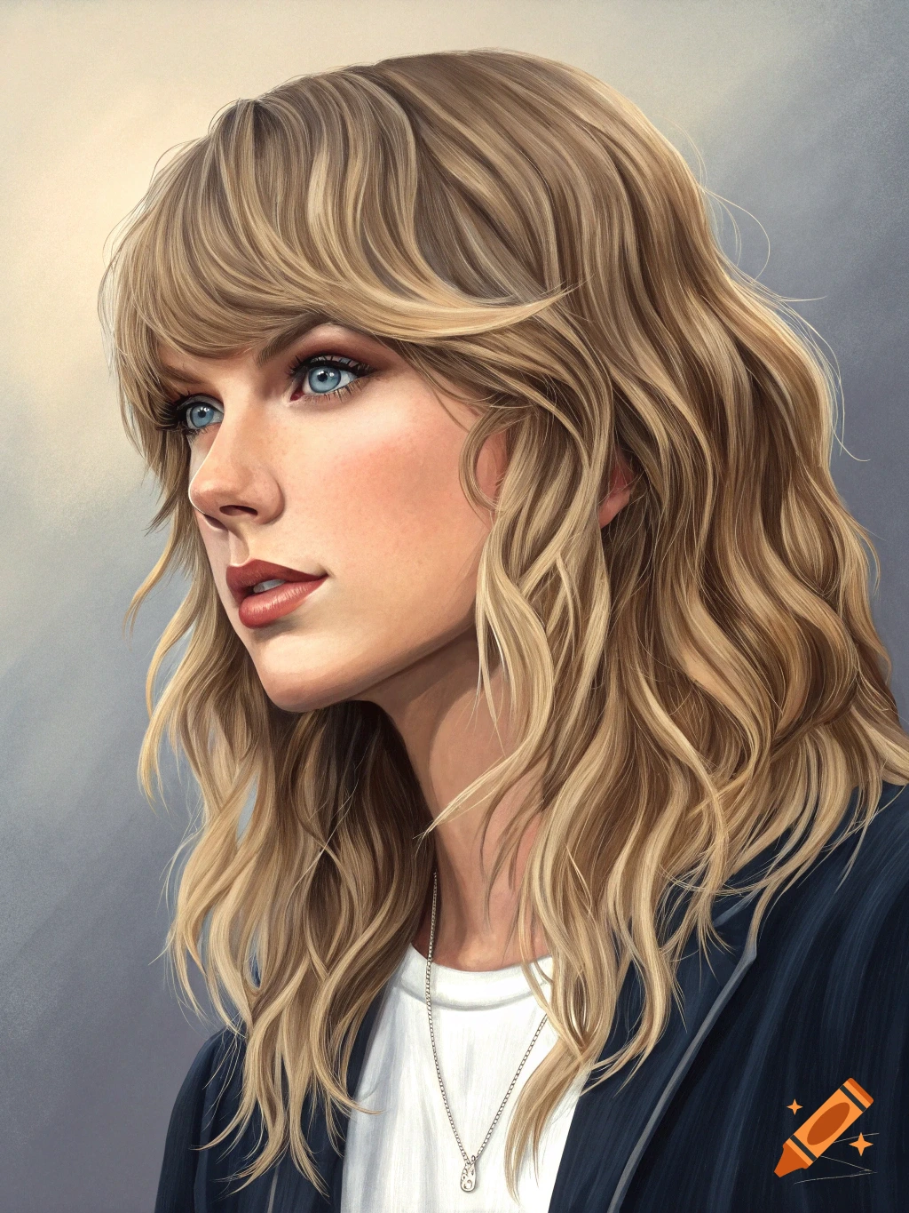 Realistic digital portrait of a woman with blonde hair and blue eyes looking left.