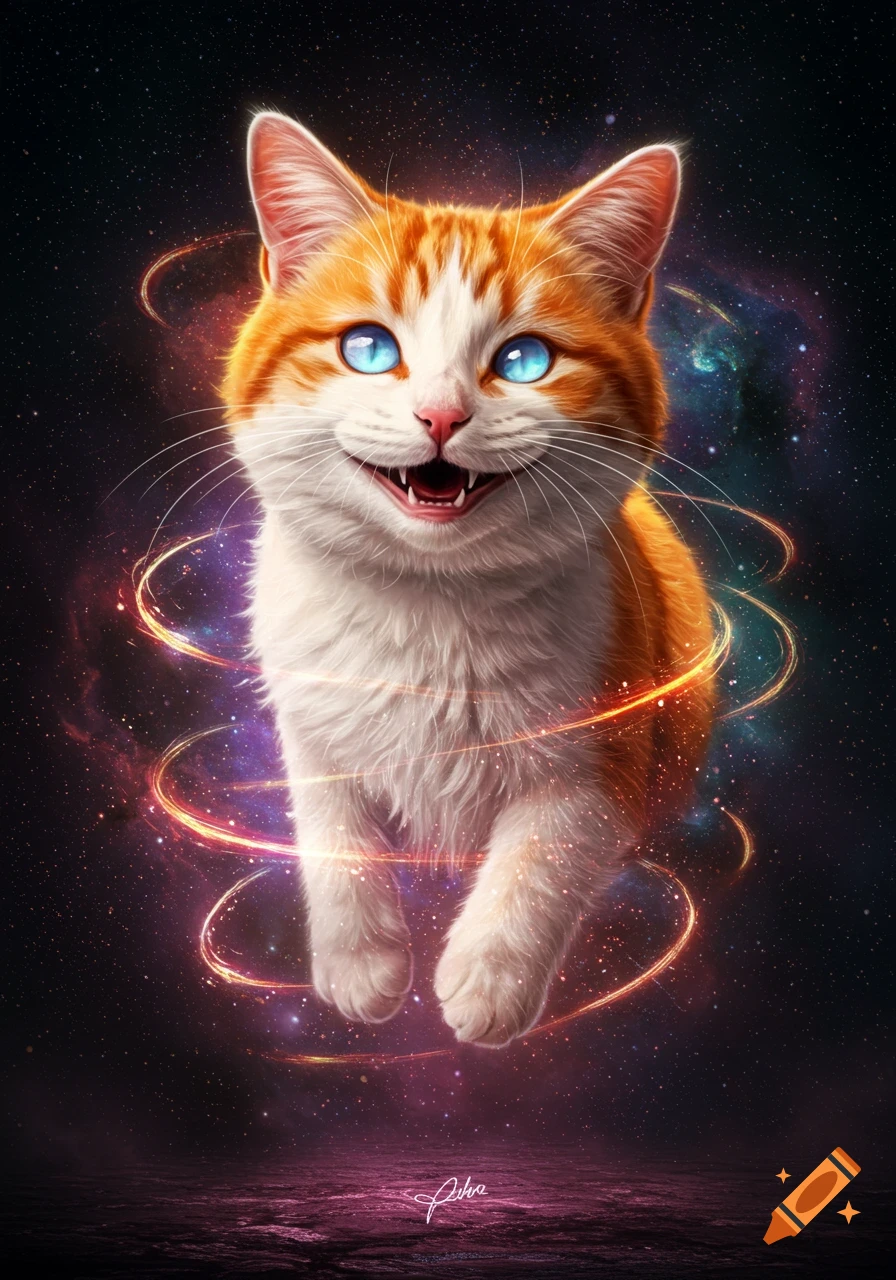 An orange and white cat with blue eyes is surrounded by glowing rings in space.