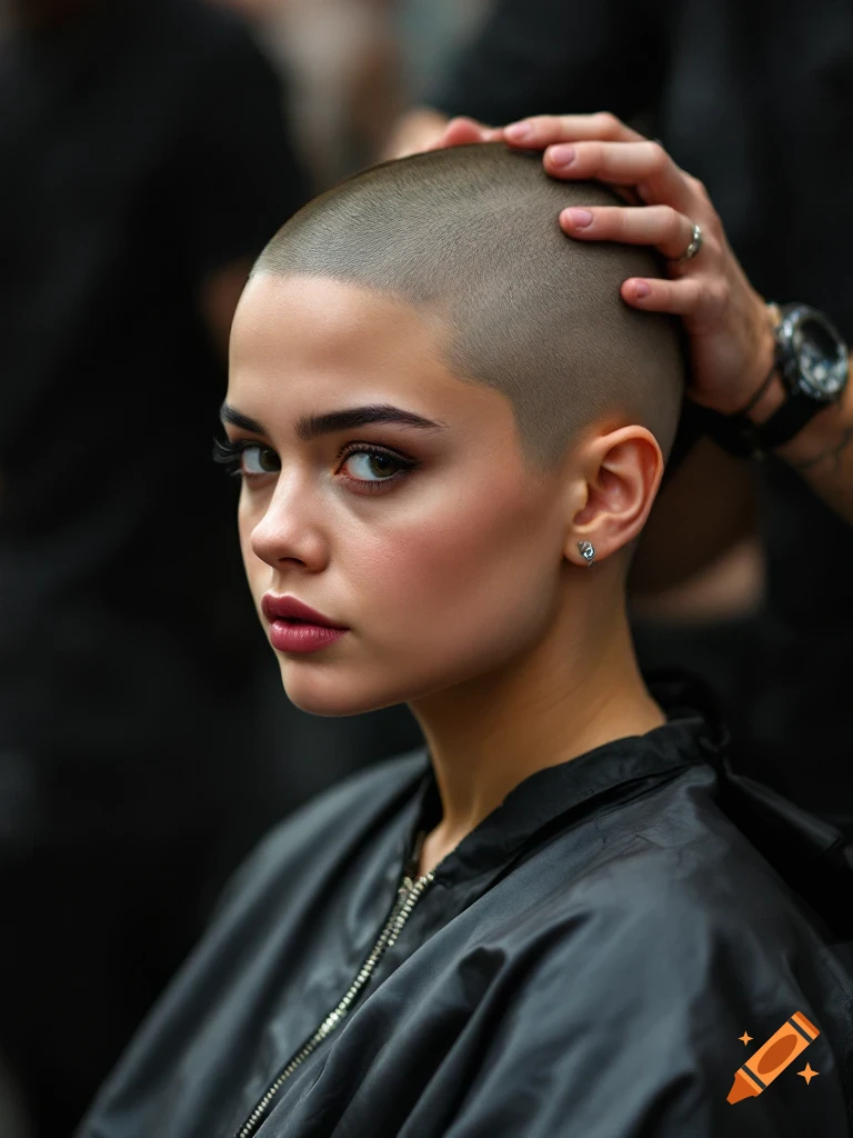 Close-up portrait of a woman getting her head shaved
