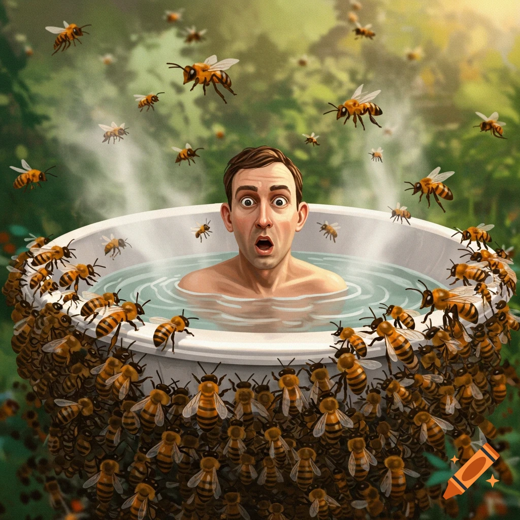 A man with a shocked expression sitting in a hot tub covered in bees.