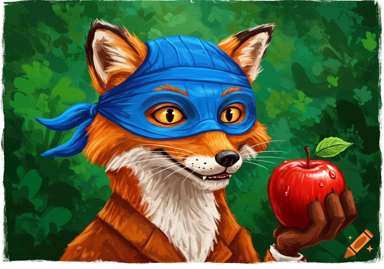 A fox wearing a blue mask and holding a red apple.