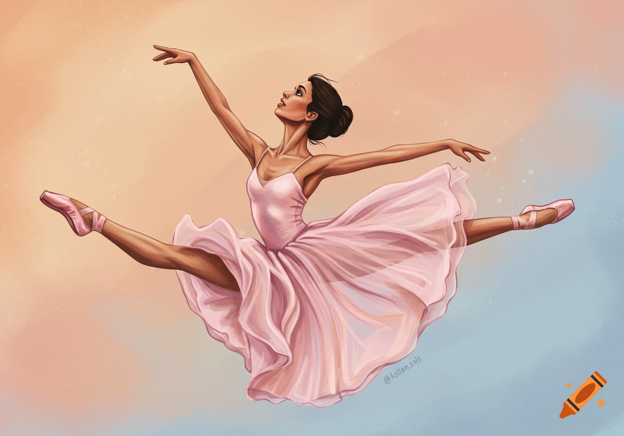 A ballerina in a pink dress is leaping against a gradient background.