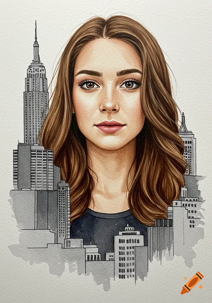 Watercolor portrait of a woman with brown hair, set against a black and ...