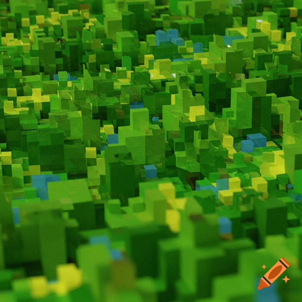 Abstract texture of green, yellow, and blue blocks in retro N64 style.