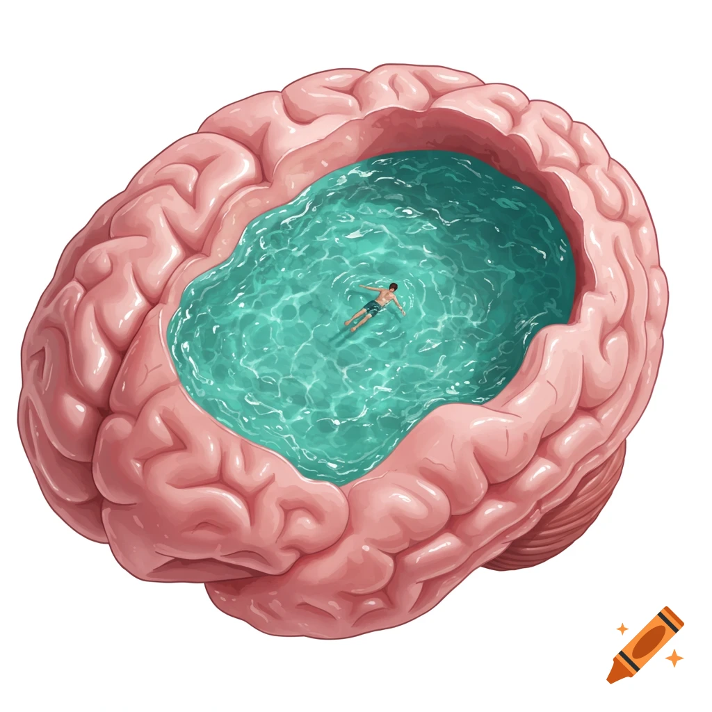 A pink brain with a swimming pool inside and a person floating in the water.