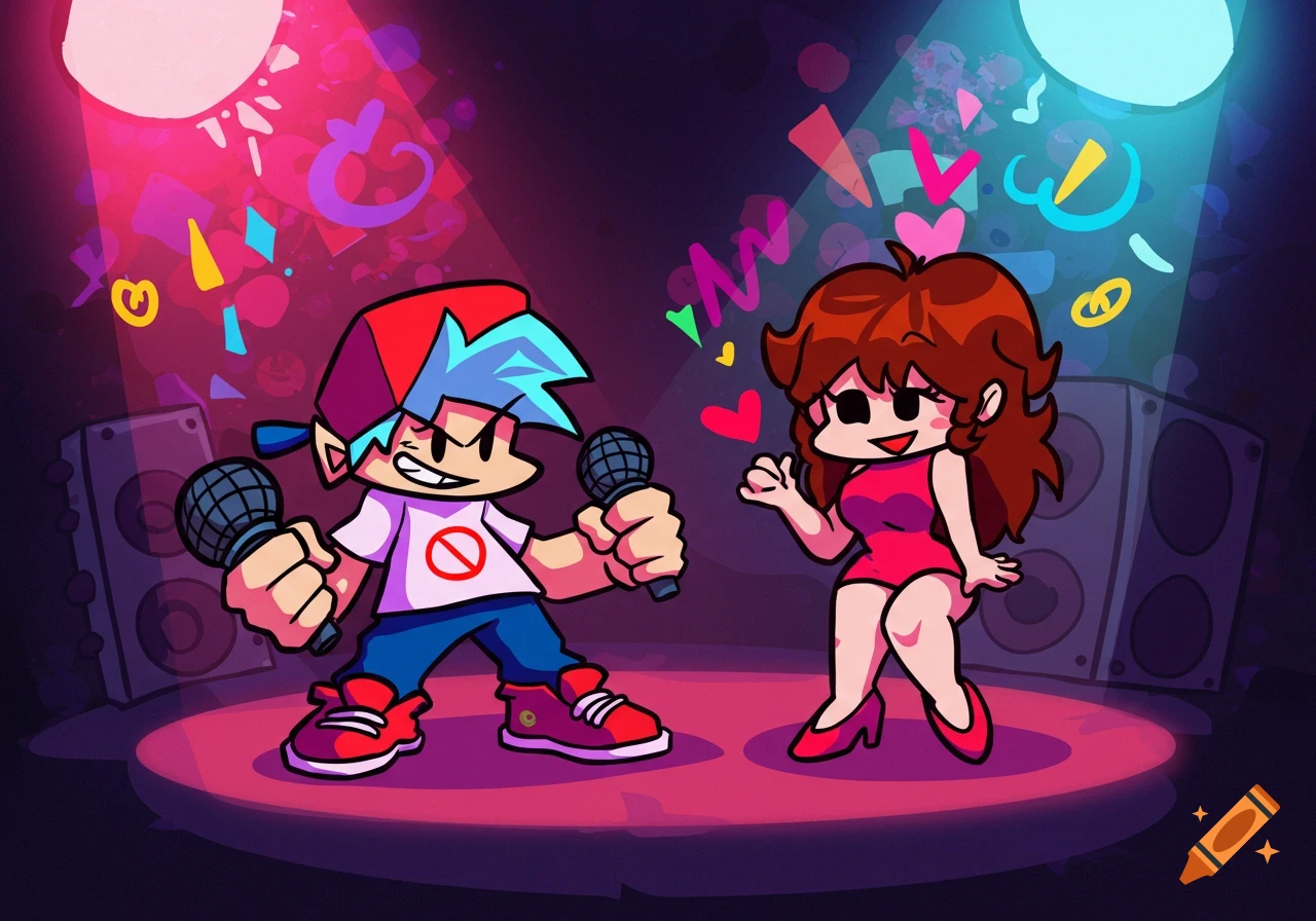 Cartoon characters from Friday Night Funkin' singing on a stage