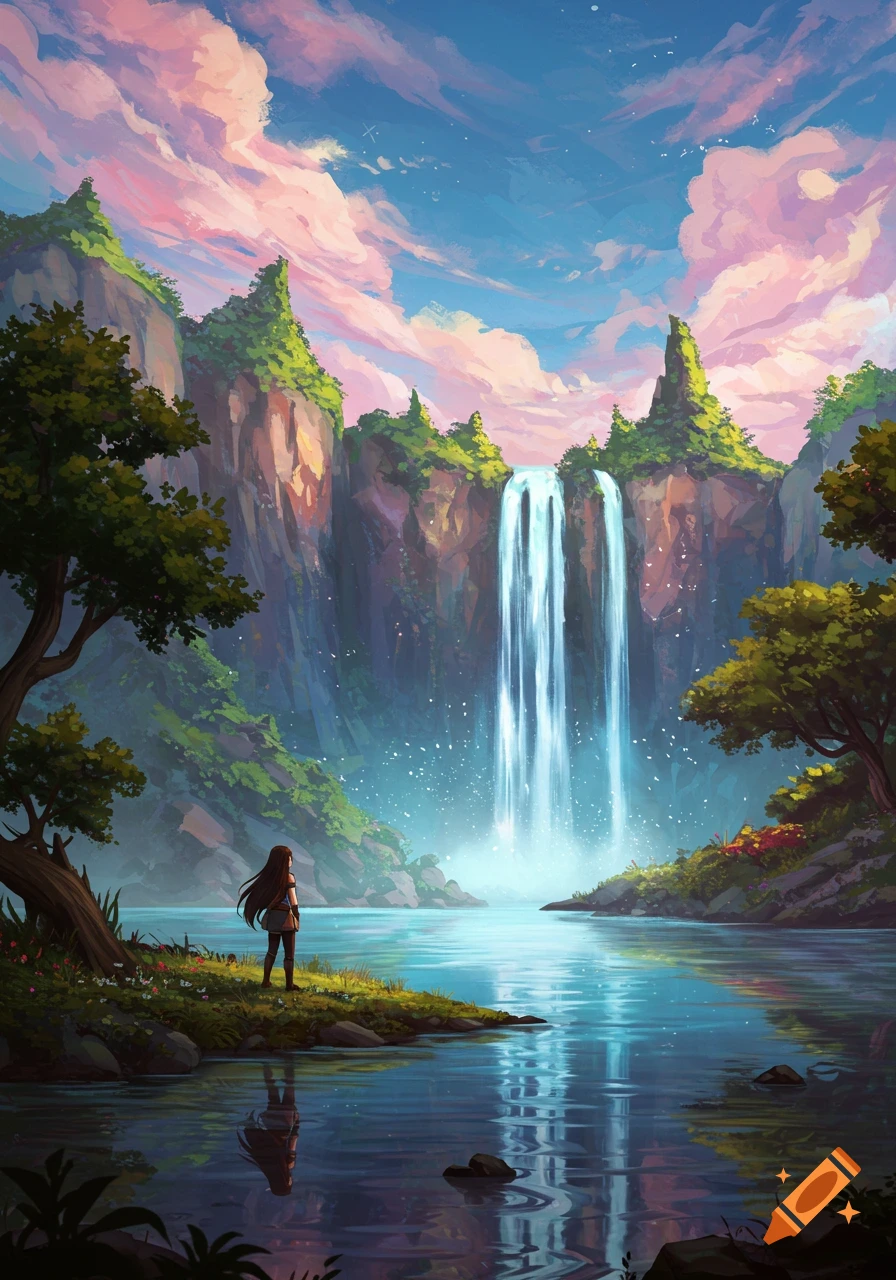 A woman looks at a large waterfall in a fantasy landscape under a vibrant sky.