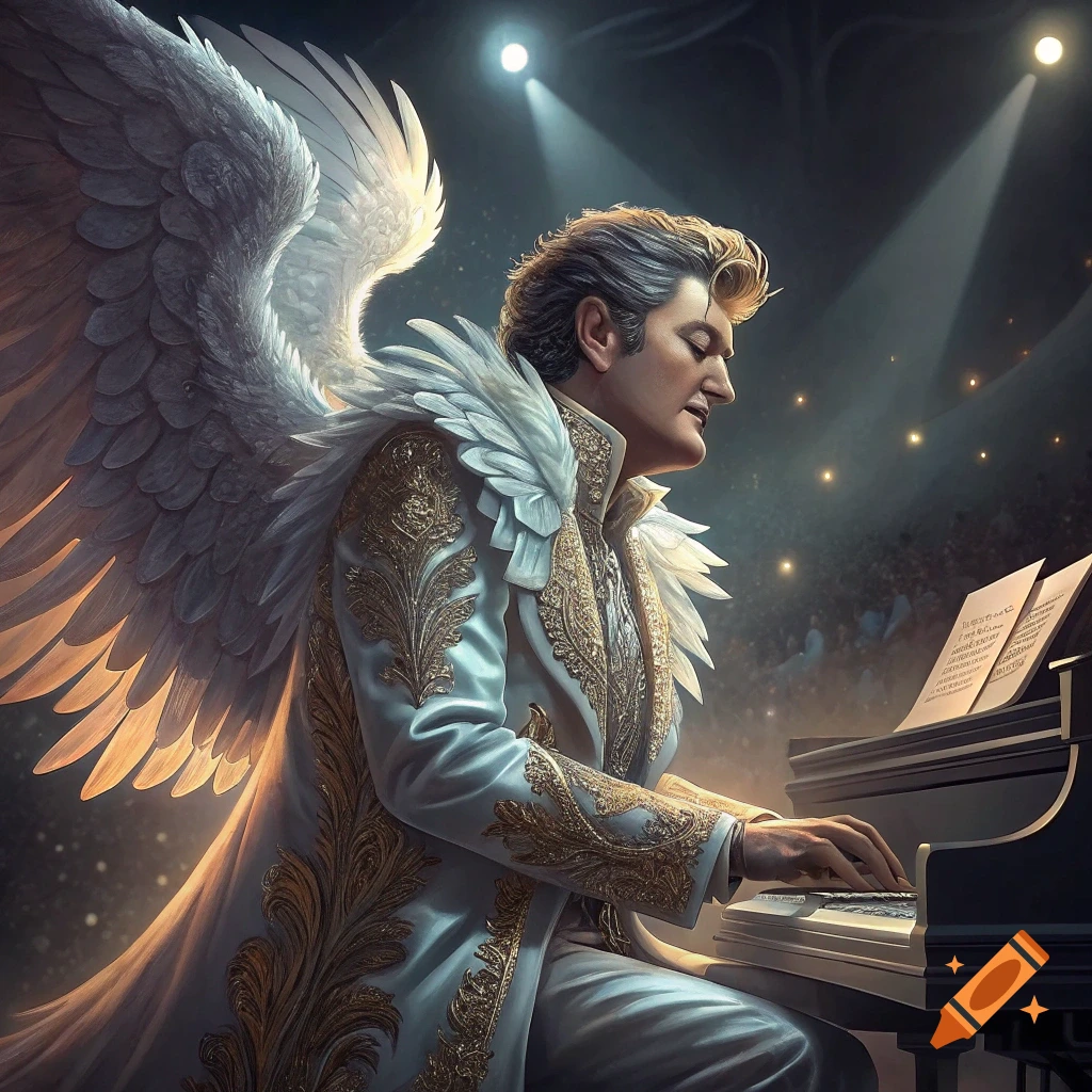 Person with large white wings in embroidered suit playing piano on stage.