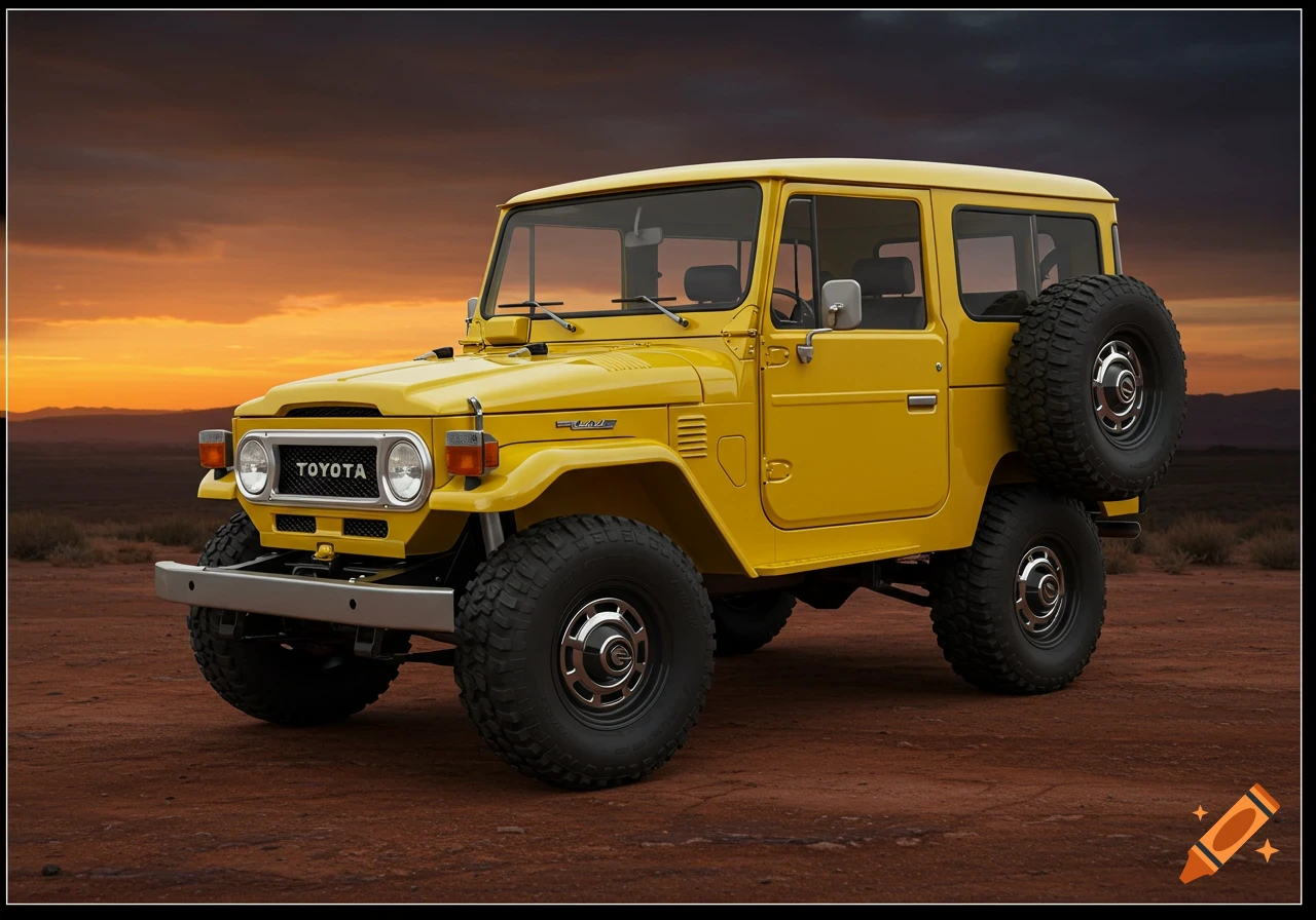 Yellow Toyota FJ40 parked on dirt road at sunset
