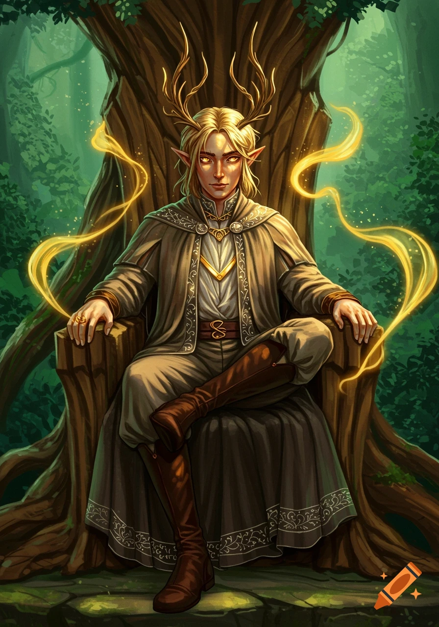 A golden-haired elf with antlers is seated on a tree throne in a forest.
