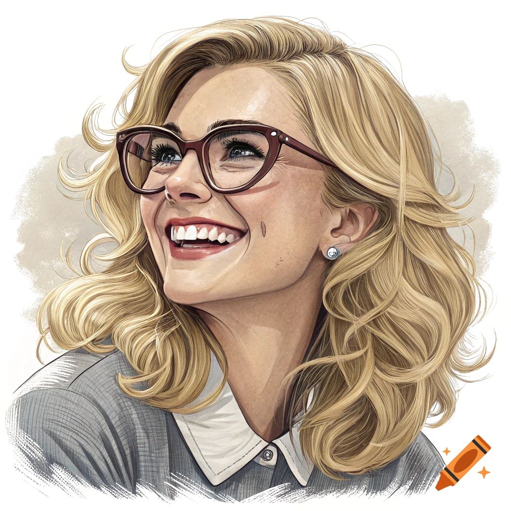 Smiling blonde woman with glasses in an illustration style