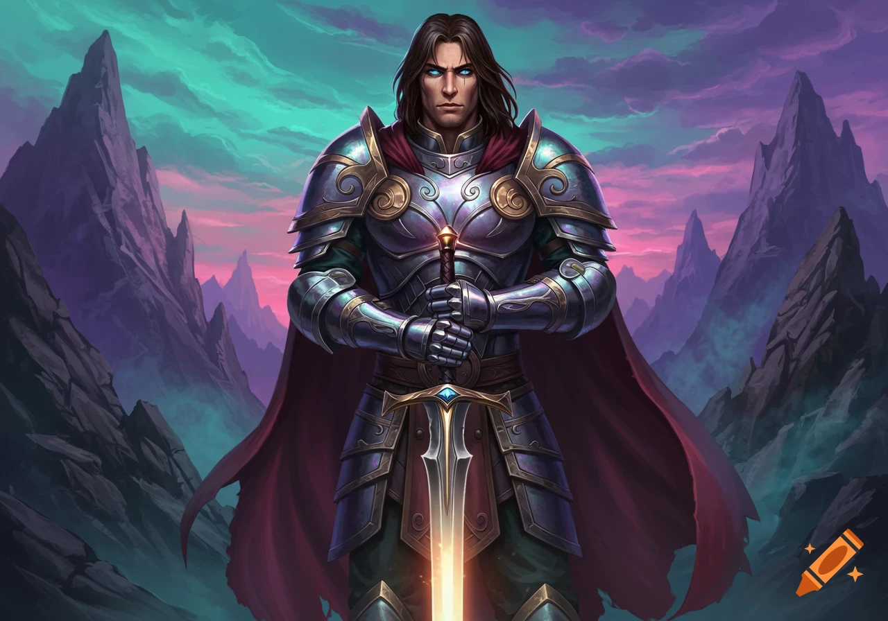 A knight in ornate armor holds a sword, standing against mountains under a dramatic sky.