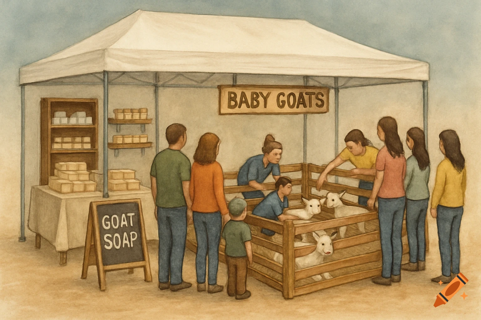 A market stall with people interacting with baby goats and displays of goat soap.