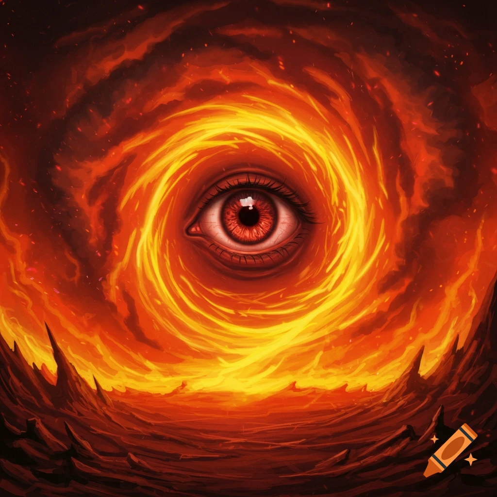 A large eye in a swirling vortex of fire over a red rocky landscape.