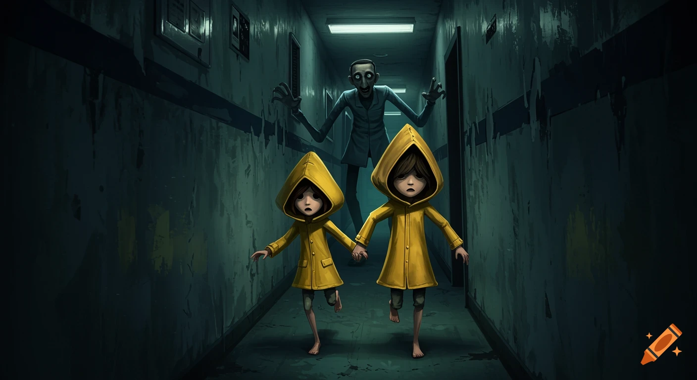 Two characters in yellow raincoats run from a tall monster in a dark corridor