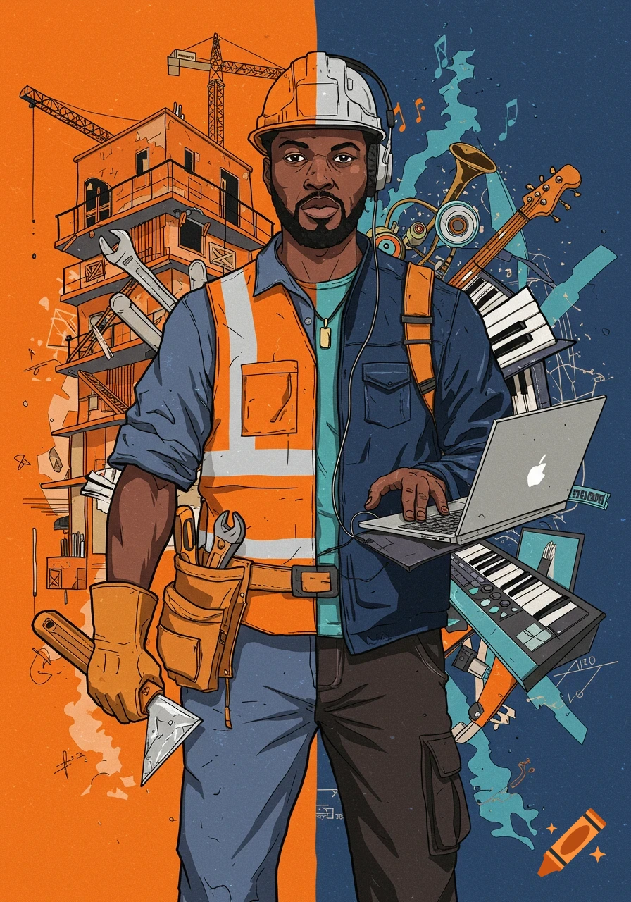 Illustration of a Black man split, half construction worker, half music producer.