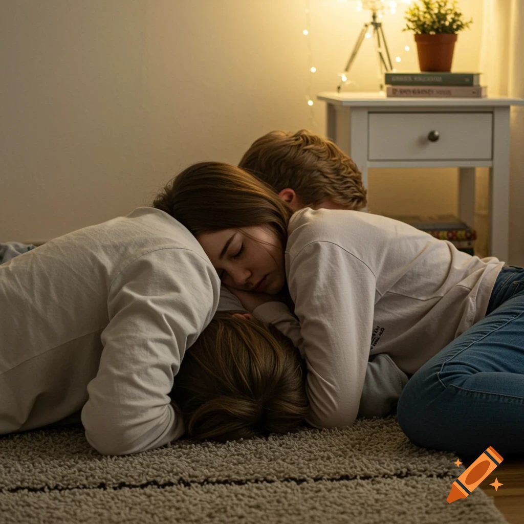 Three people sleep intertwined on a rug in a cozy bedroom with warm lighting.