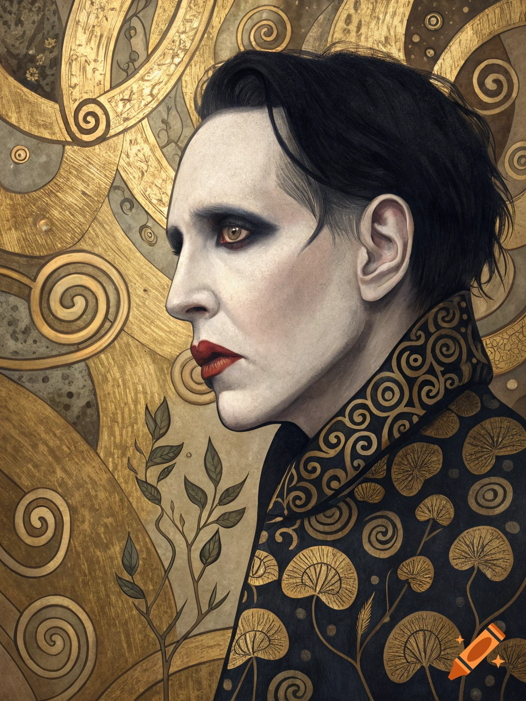 Portrait in Klimt style of a figure resembling Marilyn Manson with bold makeup and gold art nouveau patterns