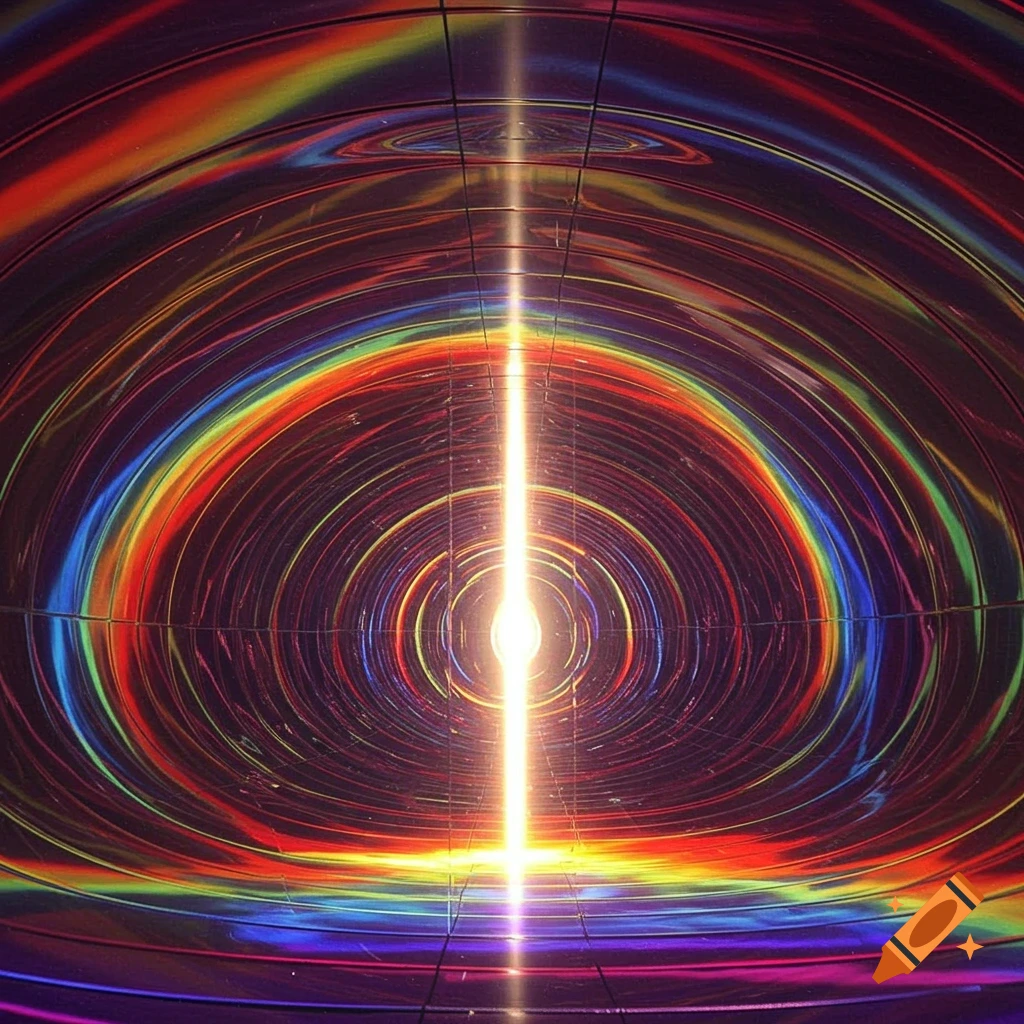 Abstract view of a light source radiating rainbow colors in a swirling tunnel.