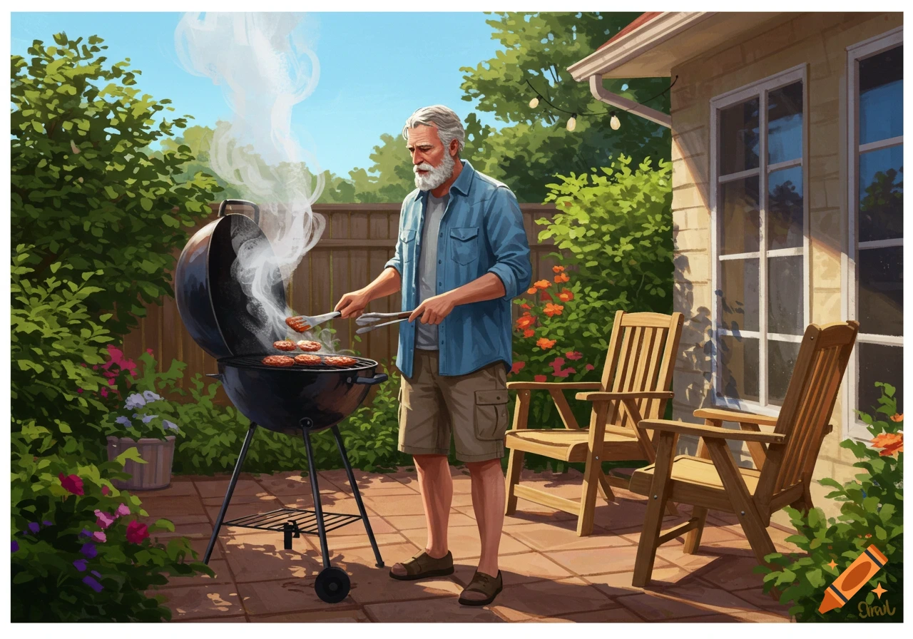 An old man is grilling in a sunny backyard.