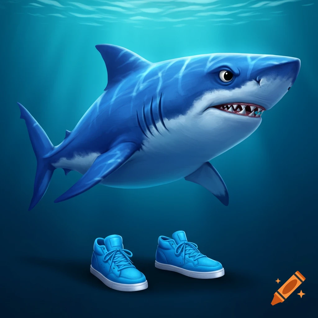 A cartoon blue shark swimming above two blue shoes underwater.