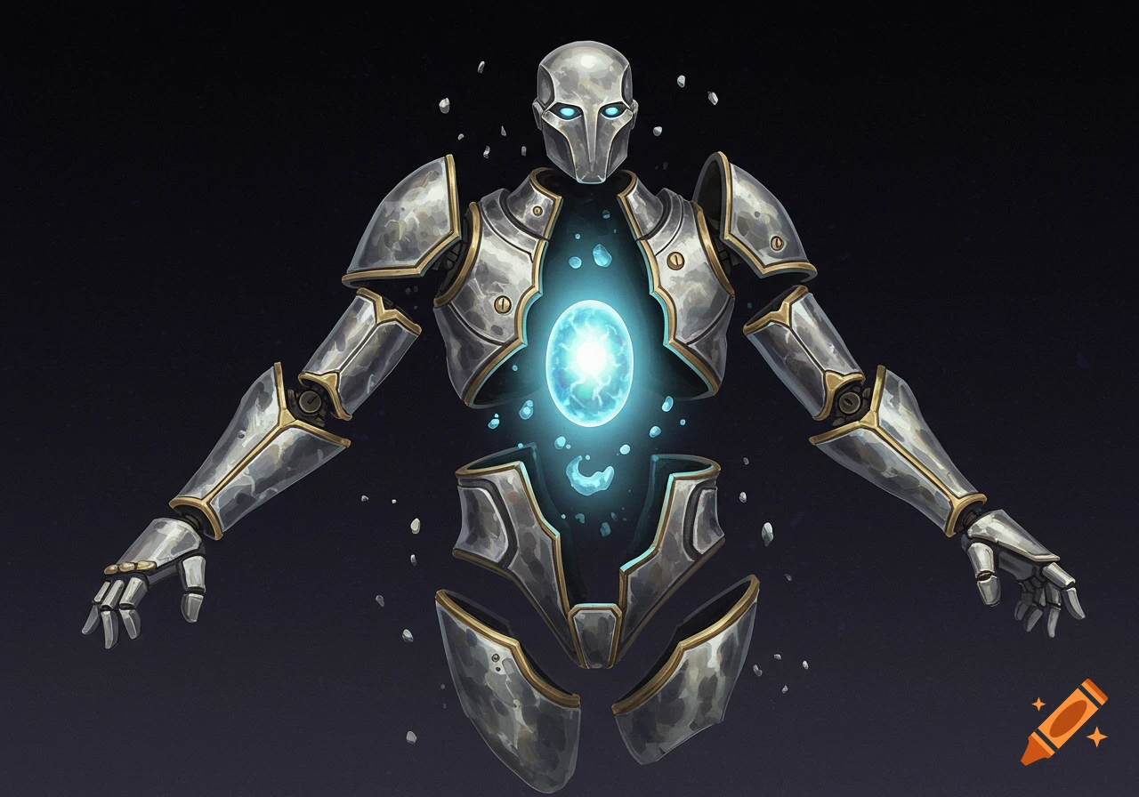 A segmented robot with a glowing blue core floating in its chest.