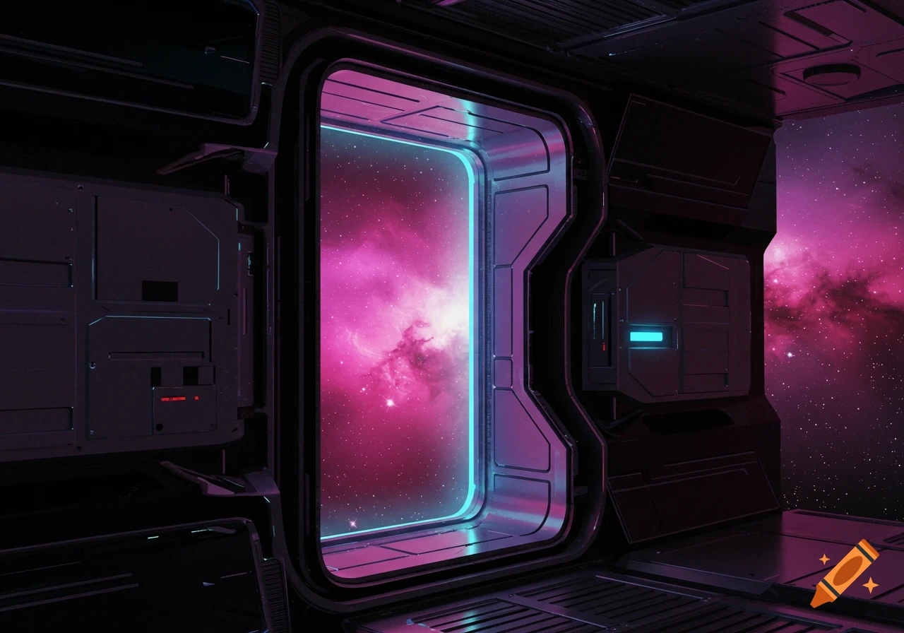 View from futuristic spaceship doorway into a pink nebula, digital art