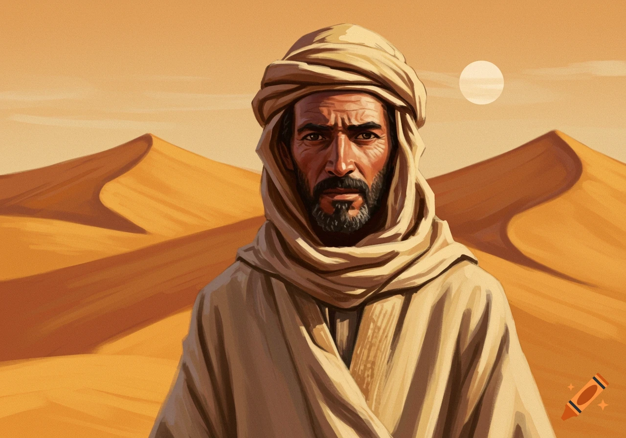 A Bedouin man stands in a desert with sand dunes and sun.