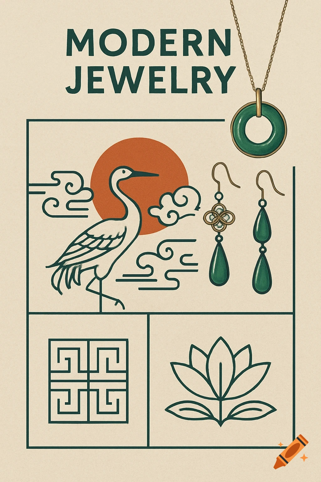 Modern jewelry design poster with Chinese elements, featuring text, crane, clouds, sun, jewelry, and symbols.