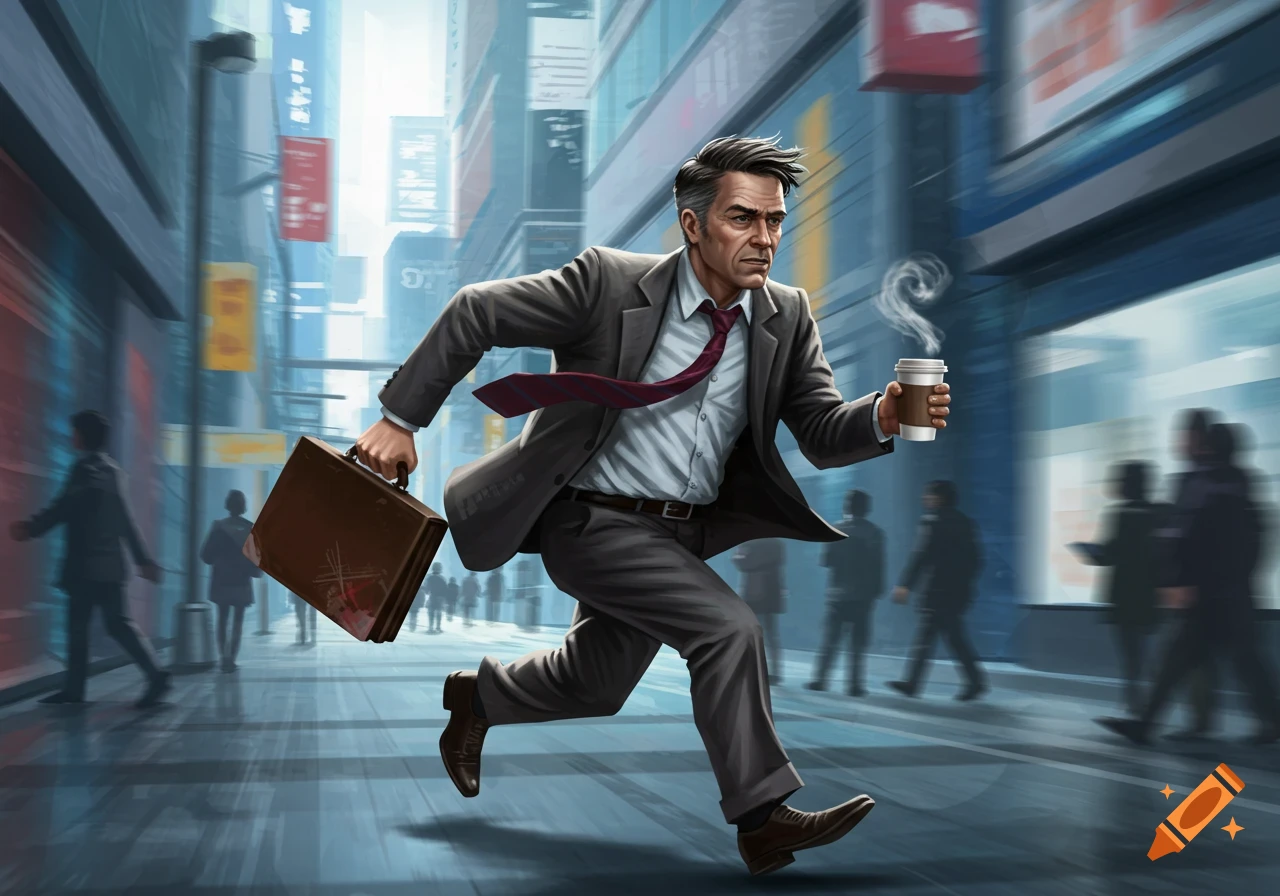 A man in a suit runs through a city street holding a briefcase and coffee, with motion blur.