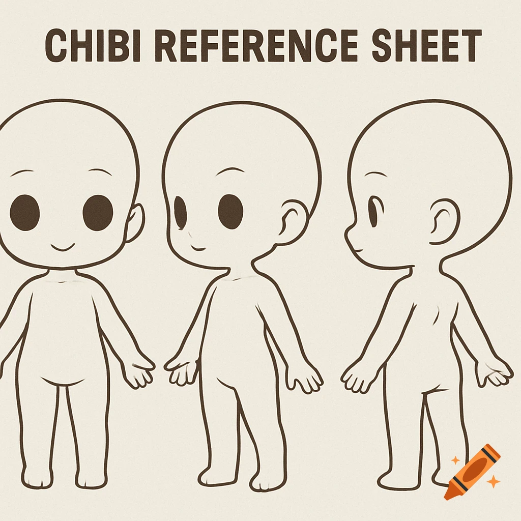 Chibi figure reference sheet showing three base outlines.