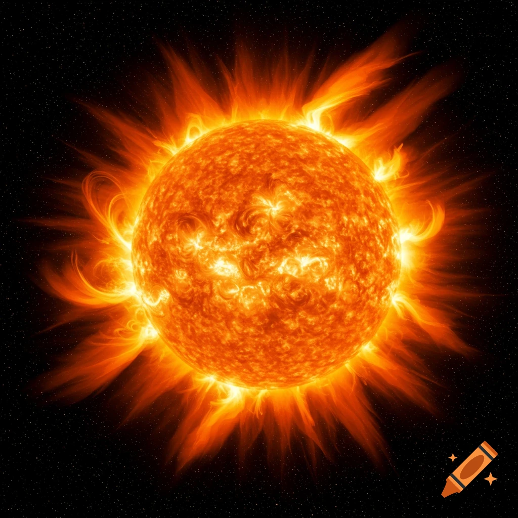 A bright orange sun with flares against a starry black background.
