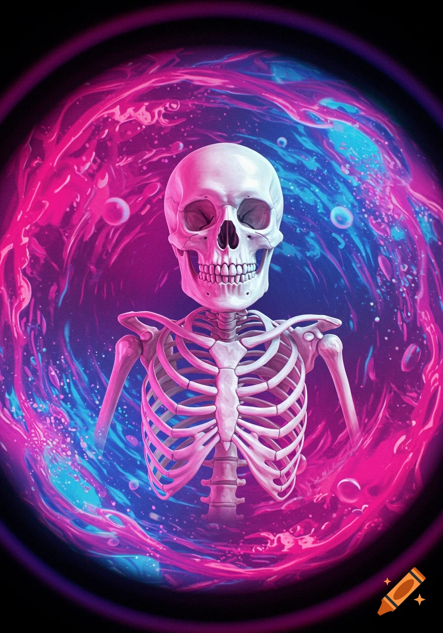 A skeleton is depicted against a colorful, swirling abstract background, seen through a fish-eye lens.