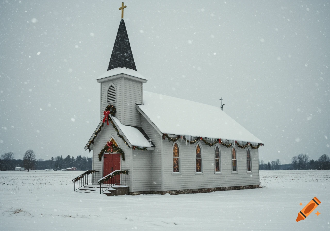 A white country church covered in snow and decorated with Christmas wreaths and garlands stands in a snowy field during a snowfall.