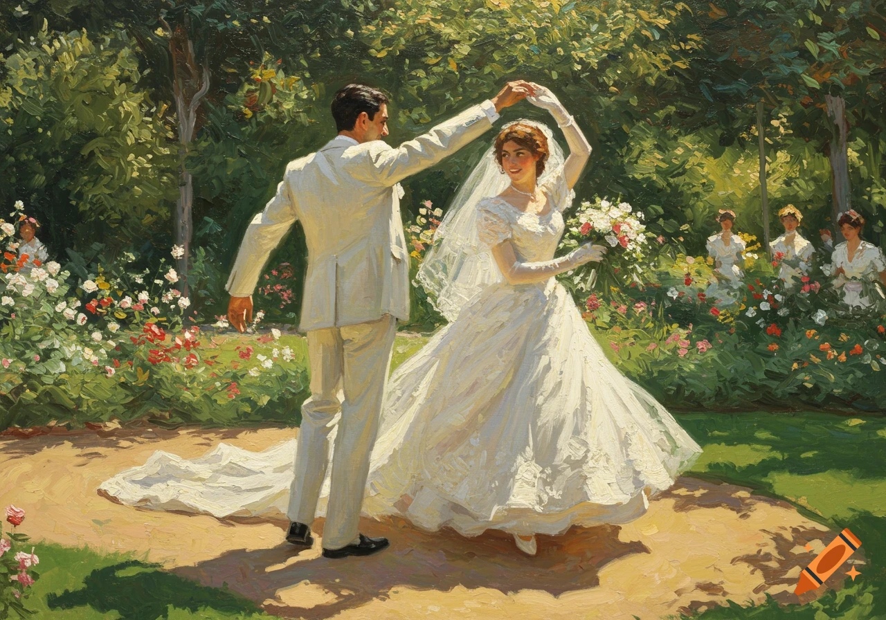 Bride and groom dancing in a garden in a painterly style.