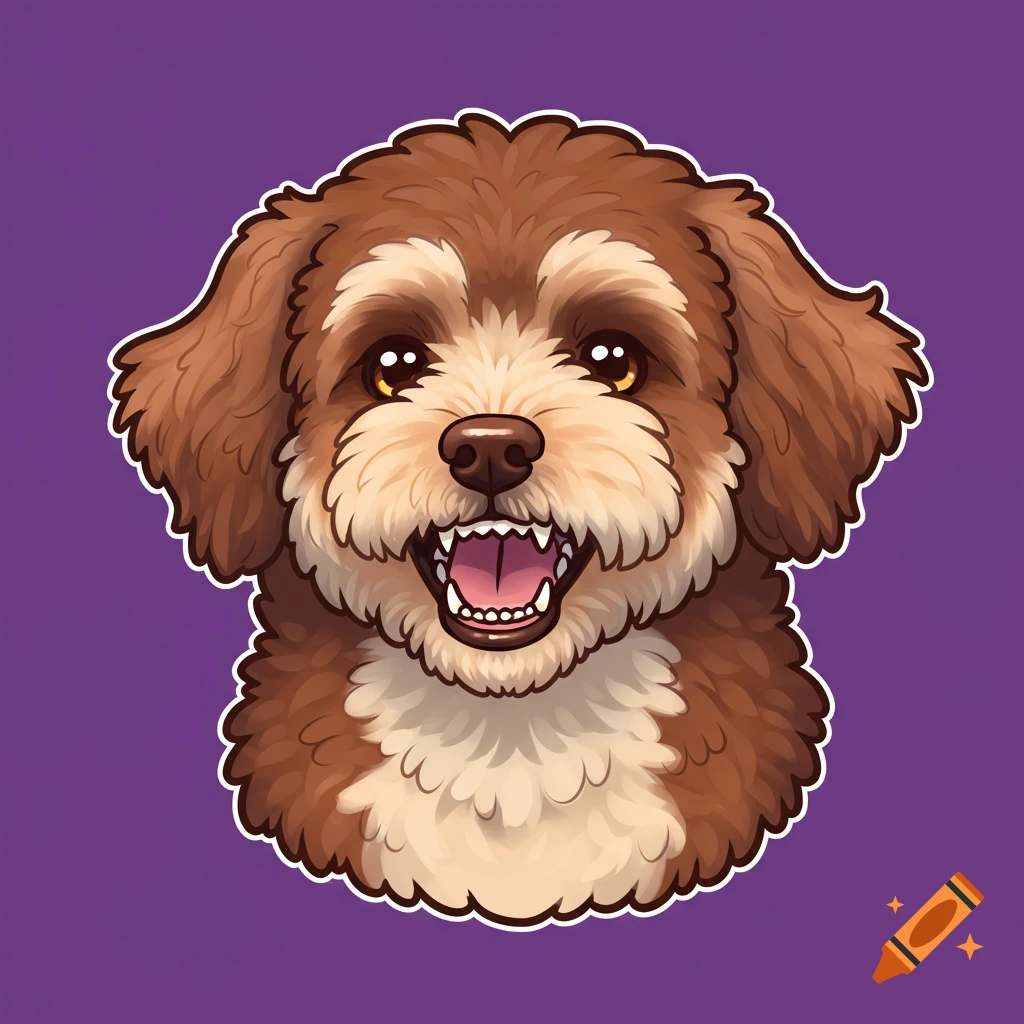 An illustration of a happy brown and white Labradoodle dog's head on a purple background.